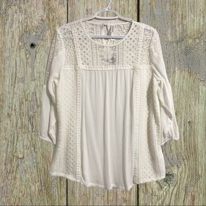 Warehouse One, boho, flowy lace and rayon blouse.
